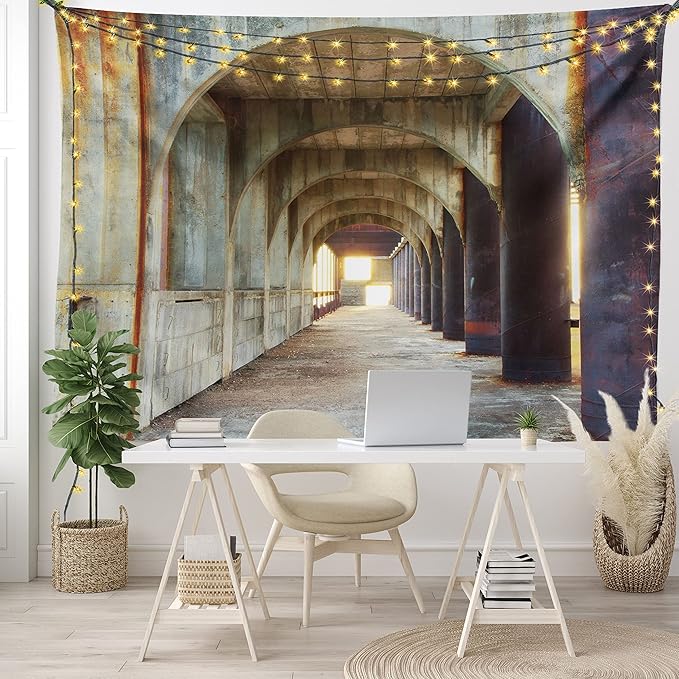 Ambesonne Urban Tapestry, Corridor of Concrete Pillars Structure Urban Industrial Rustic Style Art, Fabric Wall Hanging Decor for Bedroom Living Room Dorm, 45" X 30", Brown Purple