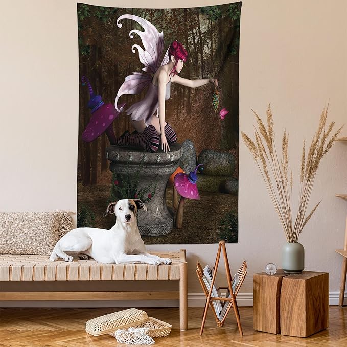 Ambesonne Tale Tapestry Twin Size, Dimensional Mythical Creature Design Artifact on Pedestal Forest Print, Wall Hanging Bedspread Bed Cover Wall Decor, 68" X 88", Red Purple Grey