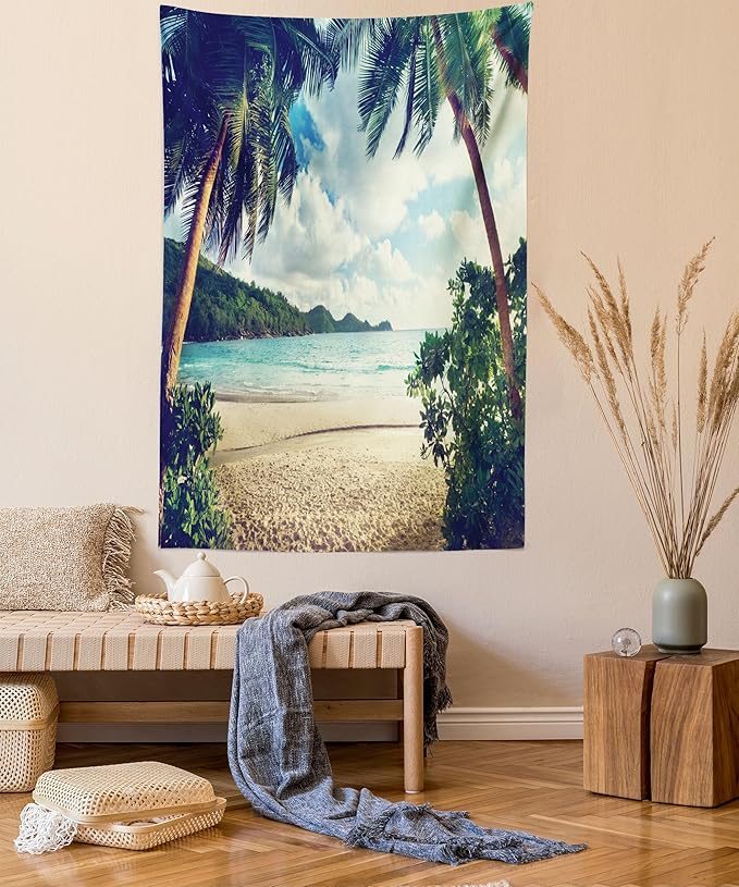 Ambesonne Palm Tree Tapestry Twin Size, Summer Beach Vintage Style Tropical Sunset Picture Print, Wall Hanging Bedspread Bed Cover Wall Decor, 68" X 88", Dark Green Sand Brown