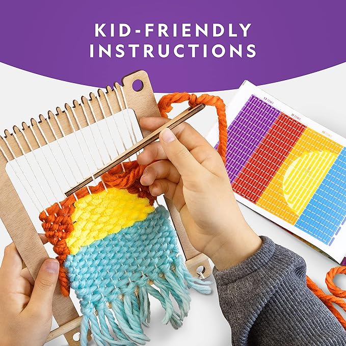 NATIONAL GEOGRAPHIC Wooden Arts and Crafts Loom Weaving Kit - Yarn and 3 Fun Designs for Easy Weaving, Child Weaving Set with Loom