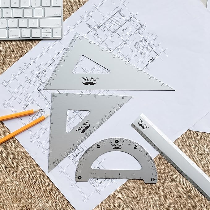 Mr. Pen Metal Geometry Kit - 4Pack Set Square, Protractor, Aluminum Ruler, Drafting Triangles