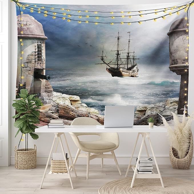 Ambesonne Sailboat Tapestry, Pirate Merchant Shipnchored in the Bay of Fortbandoned Rockst Shore, Fabric Wall Hanging Decor for Bedroom Living Room Dorm, 45" X 30", Pale Muave Beige