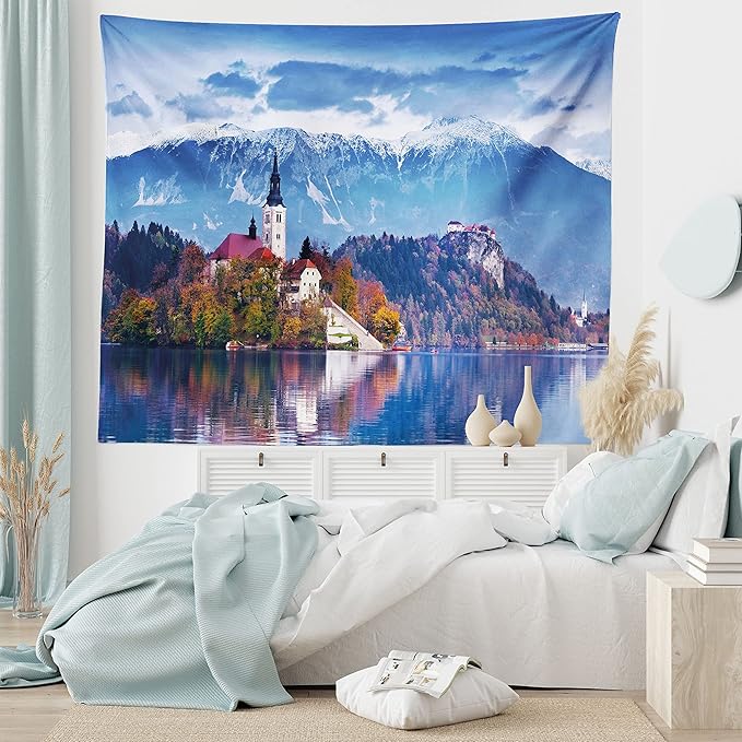 Ambesonne Landscape Tapestry King Size, Photo of Bled in Slovenia with Lake Snowy Mountains and a Castle Pastoral Scenery, Wall Hanging Bedspread Bed Cover Wall Decor, 104" X 88", Blue Lavender