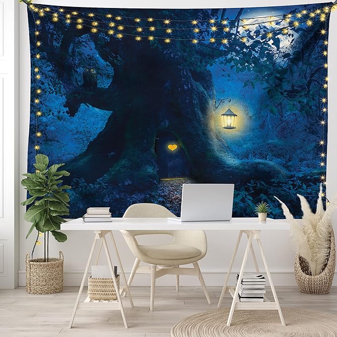 Ambesonne Fantasy Tapestry, Night with a Little Home in The Trunk of an Tree in The Woods Print, Fabric Wall Hanging Decor for Bedroom Living Room Dorm, 30" X 45", Navy Blue