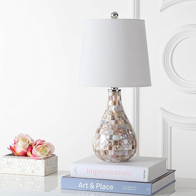 JONATHAN Y 20.5" Seashell Coastal Mini LED Table Lamp for Living Room Office, White Linen Drum Shade, Modern Mother of Pearl Bedside Nightstand Lamp, LED Bulb Included JYL1024A