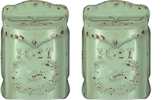Creative Co-Op Aqua Embossed Tin Post Box with Distressed Finish (Pack of 2)