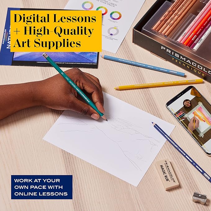 Prismacolor Technique Art Supplies and Digital Art Lessons Nature Drawing Set Level 2 Watercolor Pencils Brush Markers and More Sunset Landscape Drawing 27 Count
