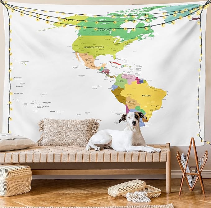 Ambesonne Map Tapestry King Size, Map of South and North America with Countries Capitals and Major Cities Colorful Design, Wall Hanging Bedspread Bed Cover Wall Decor, 104" X 88", Green White