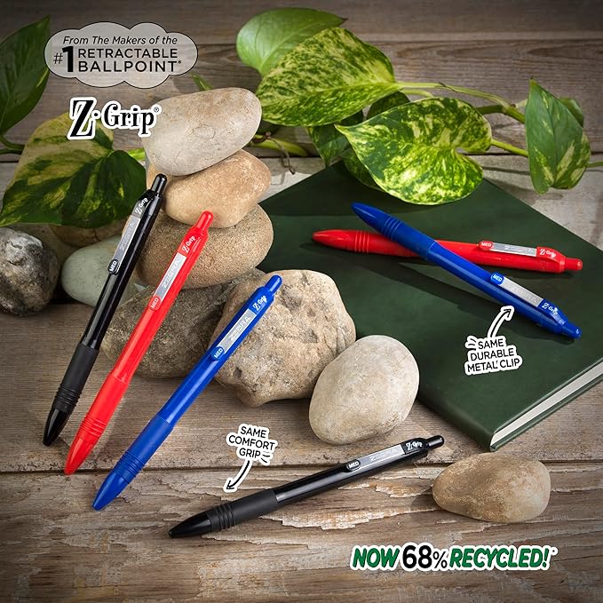 Zebra Pen Z-Grip Recycled Retractable Ballpoint Pens,1.0mm, Red Ink, Durable Metal Clip, 68% Recycled (GRS Certified; Global Recycled Standards), School & Office Supplies, 12-Pack (20630)
