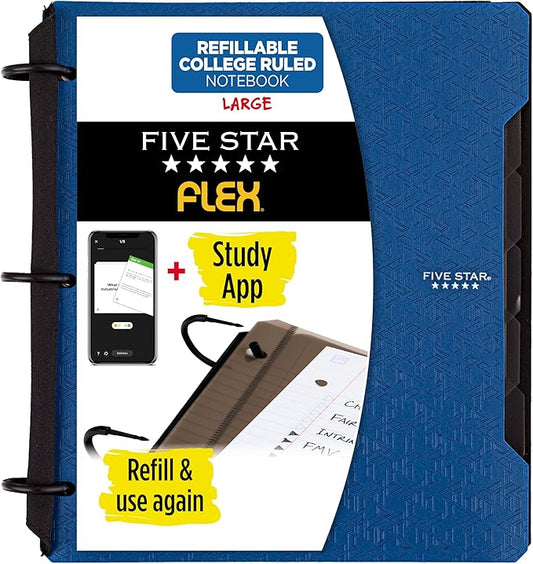 Five Star Flex Refillable Notebook + Study App,College Ruled Paper and 1 Inch TechLock Ring Binder with Pockets,Tabs and Dividers,200 Sheet Capacity,Pacific Blue (293280AD2),(Pack of 6)