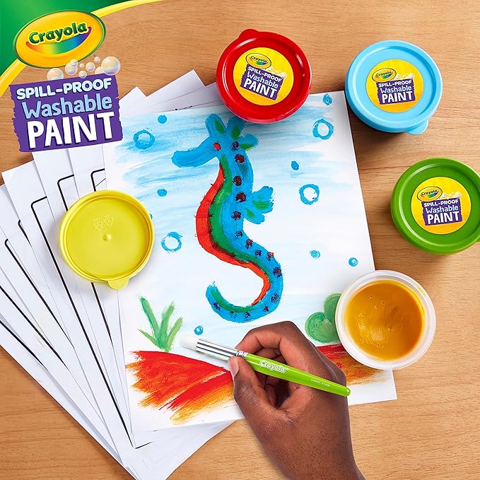 Crayola Spill Proof Paint Set - Washable Paint for Kids, Includes Paint Brush & Paper, No Drip, Less Mess Arts & Crafts, Toddler Gift, Ages 3+