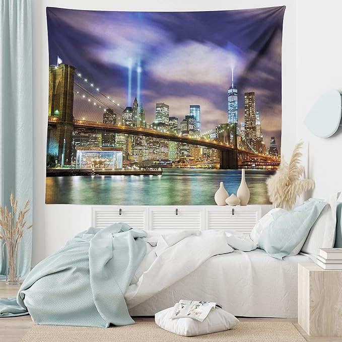 Ambesonne Landscape Tapestry, Manhattan Skyline with Brooklyn Bridge and Towers in NYC United States America, Fabric Wall Hanging Decor for Bedroom Living Room Dorm, 28" X 23", Purple Green
