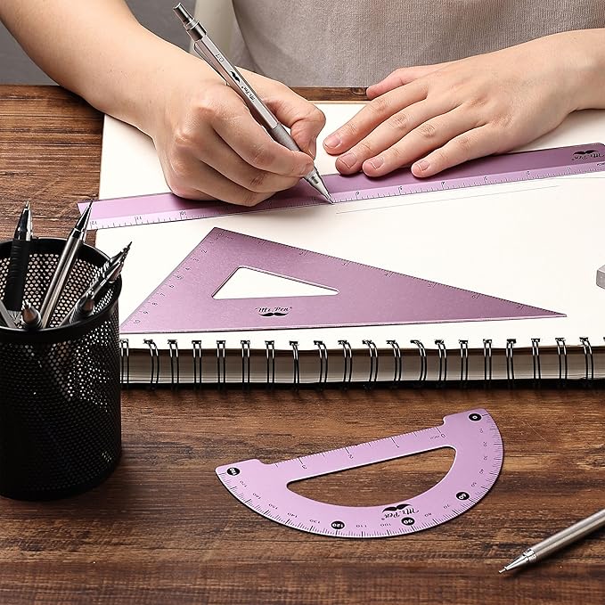 Mr. Pen- Geometry Set, 4 Pack, Blue Magenta Color, Metal Geometry Kit, Triangle Ruler, Metal Ruler, Drafting Triangles, Metal Protractor, Metal Set Square, Drafting Ruler, Drafting Set