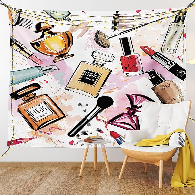 Ambesonne Fashion Tapestry, Cosmetic and Makeup Theme Pattern Perfume Lipstick Nail Polish Brush Modern, Wall Hanging for Bedroom Living Room Dorm Decor, 60" X 80", Coral White