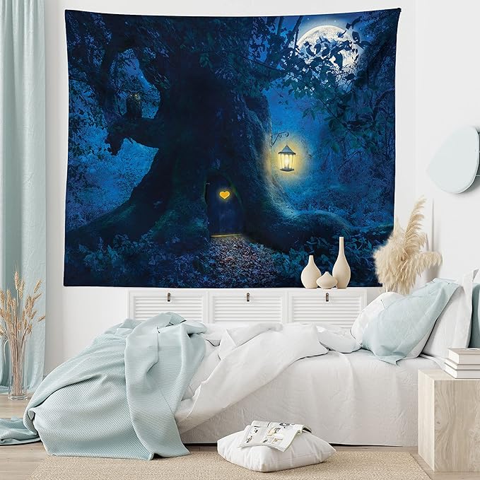 Ambesonne Fantasy Tapestry, Night with a Little Home in The Trunk of an Tree in The Woods Print, Fabric Wall Hanging Decor for Bedroom Living Room Dorm, 23" X 28", Navy Blue