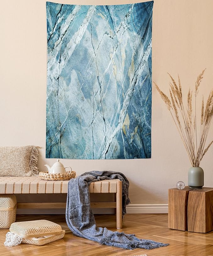 Ambesonne Marble Print Tapestry Queen Size, Exquisite Granite Stone Architecture Floor Nature Faded Rock Picture, Wall Hanging Bedspread Bed Cover Wall Decor, 88" X 88", Pale Blue Grey