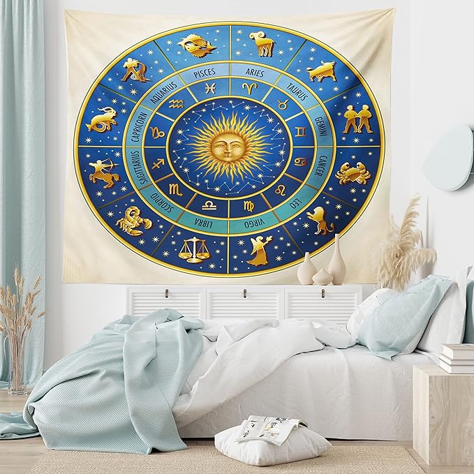 Ambesonne Astrology Tapestry, Wheel of Astrological Signs Names Dates Moon Sun in Middle, Fabric Wall Hanging Decor for Bedroom Living Room Dorm, 30" X 45", Blue Yellow and Cream