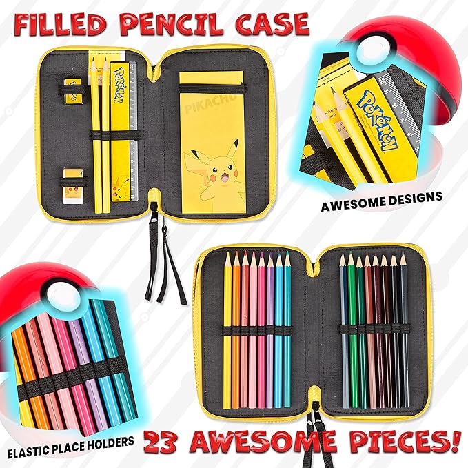 Pokemon Pencil Case for Boys Girls Pikachu Stationery Set with Colored Pencils Sharpener Ruler Eraser Notepad School Supplies Anime Gifts for Kids (Yellow)
