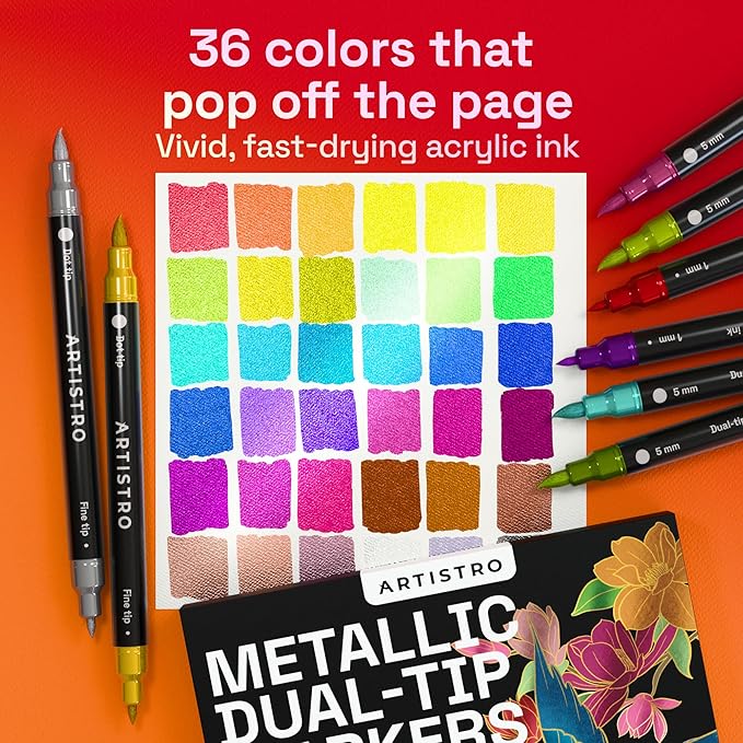ARTISTRO 36 Metallic Acrylic Paint Markers - Paint Pens for Calligraphy, Brush + Fine Tips - Vision Board Supplies - Kit for Scrapbooking and Journaling - Art Supplies for Adults, Teens, Kids