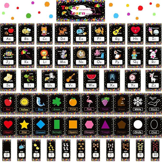 58 Pieces Educational Preschool Cards Kids Early Learning Poster Alphabet Number Colors and Shapes Bulletin Board Decoration Kindergarten Classroom Learning Card with Glue Point Dot (Cool Style)