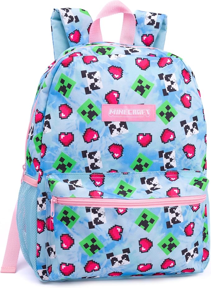 Minecraft Backpack and Lunch Box Set for Girls | Kids 4 Piece Creeper Panda Hearts Blue School Rucksack, Lunch Bag, Pencil Case, Water Bottle One Size