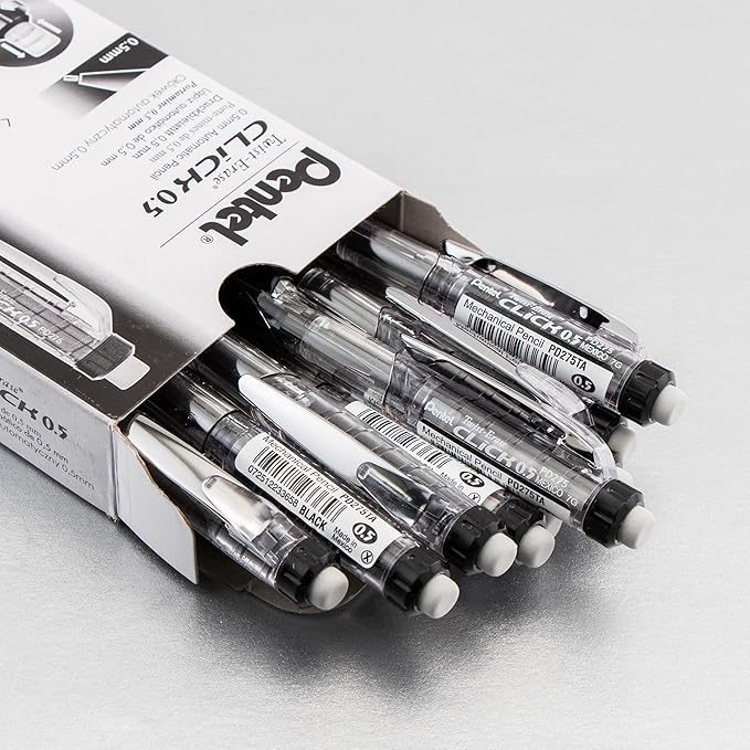Pentel Twist Erase CLICK Mechanical Pencil, Pack of 12, (0.5mm), Clear Barrel, Black Grip, Box of 12 (PD275TA)