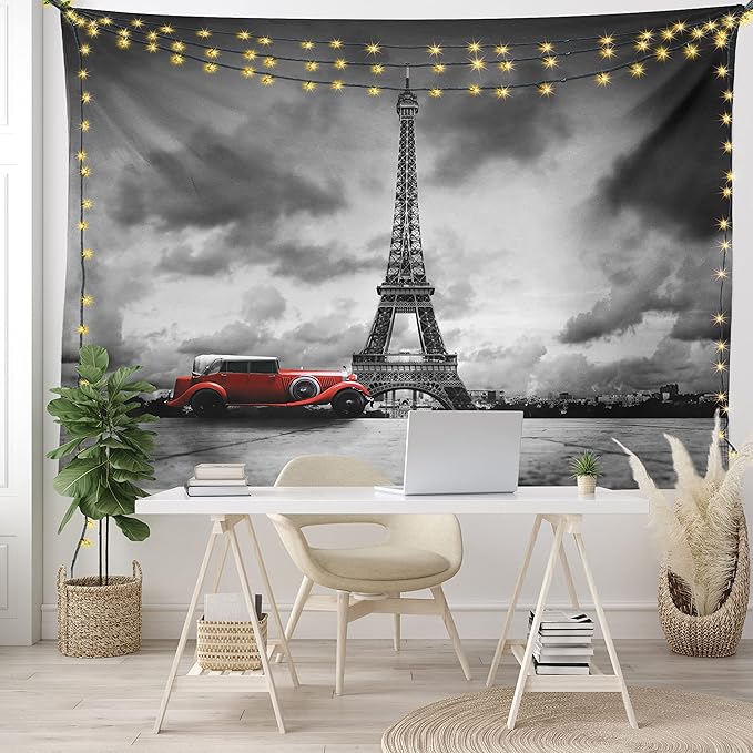 Ambesonne Eiffel Tower Tapestry King Size, Image of Eiffel Tower Paris France Vintage Car Street Dark Clouds, Wall Hanging Bedspread Bed Cover Wall Decor, 104" X 88", Black Red