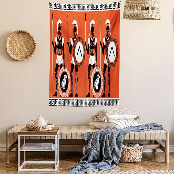 Ambesonne Retro Tapestry Twin Size, Historical in Greece Theme Cultures, Wall Hanging Bedspread Bed Cover Wall Decor, 68" X 88", Orange Black White