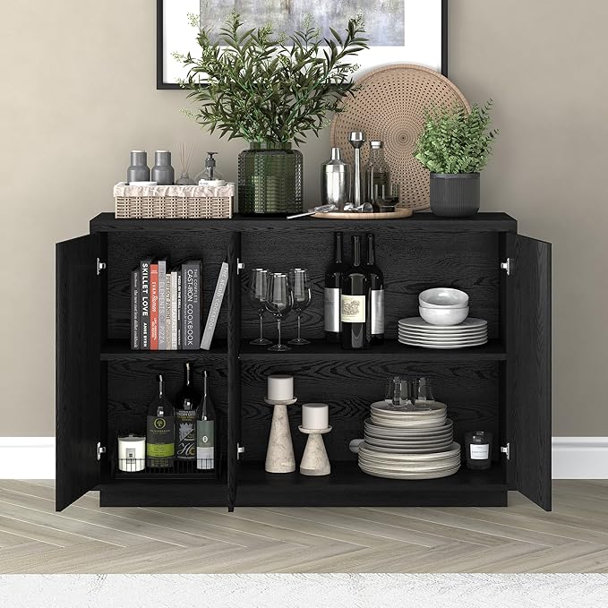 Henn&Hart 48" Fluted Sideboard Buffet Cabinet, Ribbed Wooden Credenza with 3 Doors, Adjustable Shelves, and Cable Management Cut-Outs for Dining Room, Kitchen, Living Room or Entryway, Natural Black