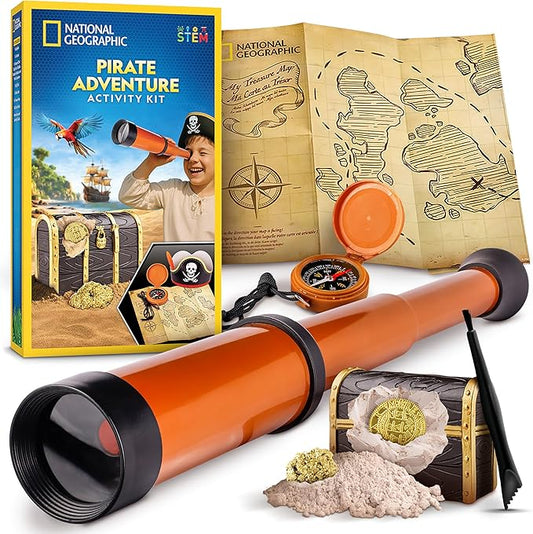 National Geographic Pirate Adventure Activity Kit – Dig for Treasure, Make a Pirate Hat & Map, Includes Spyglass, Compass, Replica Doubloon & Pyrite, STEM Toys, Telescope for Kids