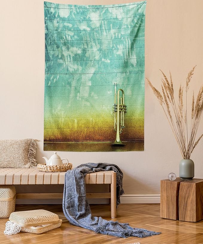 Ambesonne Music Tapestry Twin Size, Old Aged Worn Single Trumpet Stands Alone Against a Faded Wall Jazz Theme Photo, Wall Hanging Bedspread Bed Cover Wall Decor, 68" X 88", Teal Brown