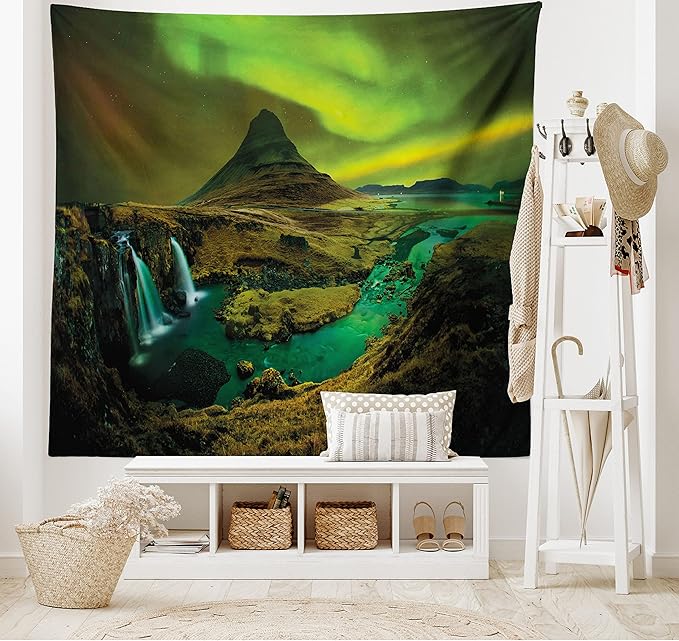 Ambesonne Aurora Borealis Tapestry, Pale Weather over the Hills Waterfall Creek Nature Landscape, Wide Wall Hanging for Bedroom Living Room Dorm, 60" X 40", Olive Green