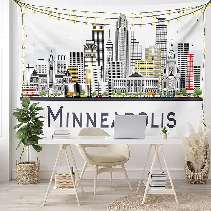 Ambesonne Minnesota Tapestry Twin Size, Elevation of a Street in Minneapolis Image with High Detailed Facades, Wall Hanging Bedspread Bed Cover Wall Decor, 68" X 88", White Grey