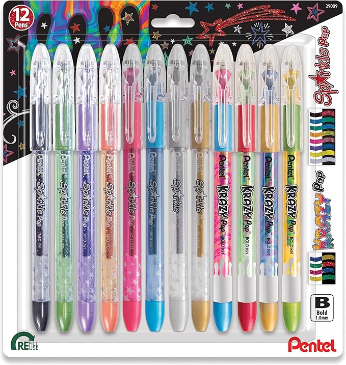 Pentel Sparkle and Krazy Pop, Metallic Gel Ink Pen, (1.0mm), Bold Line, Assorted Ink Colors, 12 count (K91BP12M)