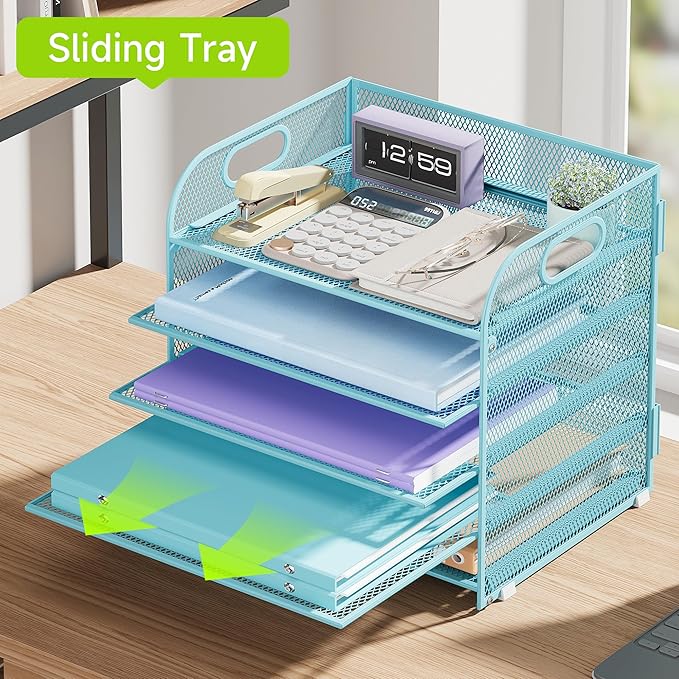 5 Tier Paper Organizer with Handle, Blue Metal Mesh Desk Organizer File Folder Paper Letter Tray Desktop Document Sorter for Classroom, School, Office Accessories Organization and Storage