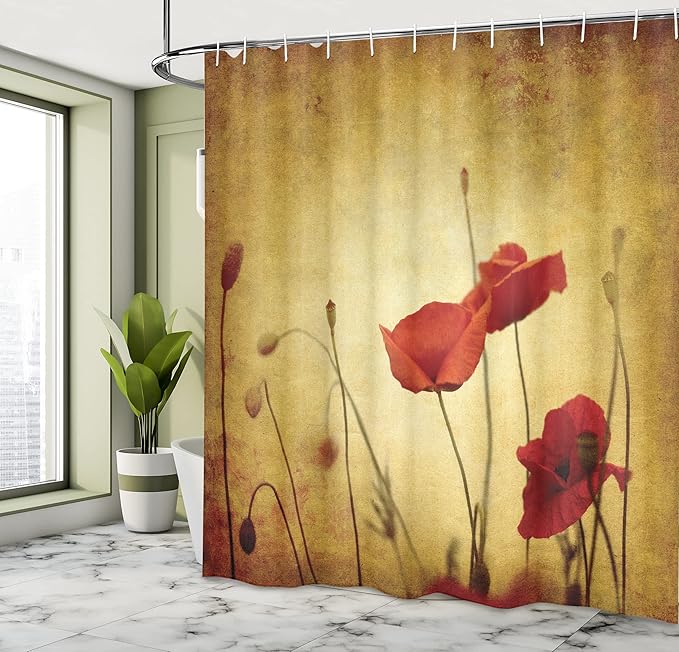 Ambesonne Poppy Flower Shower Curtain, Flower and Buds on Ambient Grunge Background Retro Effects Bohemian, Cloth Fabric Bathroom Decor Set with Hooks, 69" W x 70" L, Pale Brown Vermilion