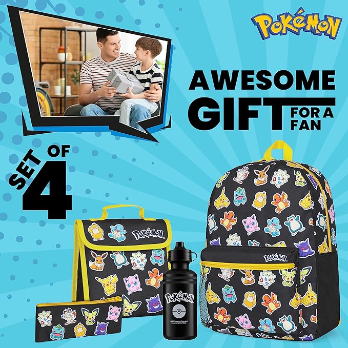 Pokemon Backpack Set 4 Pcs for Kids with Backpack Water Bottle Pencil Case Lunch Bag or Wallet Anime School Supplies Gifts (Black/Multi)