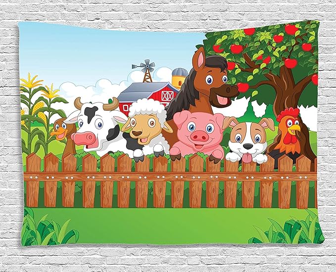 Ambesonne Cartoon Tapestry, Composition Farm Animals on Fence Comic Mascots Dog Cow Horse Design, Wide Wall Hanging for Bedroom Living Room Dorm, 60" X 40", Green Multicolor