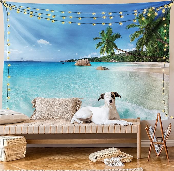 Ambesonne Ocean Tapestry Queen Size, Anse Lazio Beach at Praslin Island Surfing Beach Scenic View Travel, Wall Hanging Bedspread Bed Cover Wall Decor, 88" X 88", Blue and Turquoise