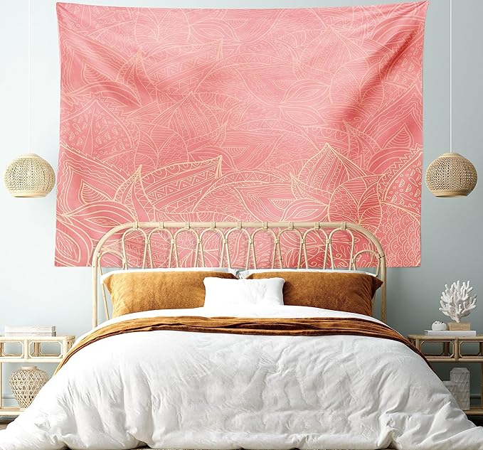 Ambesonne Floral Tapestry, Pastel Toned Nature Inspired Leaf Background Botany Themed Illustration, Fabric Wall Hanging Decor for Bedroom Living Room Dorm, 28" X 23", Peach Coral