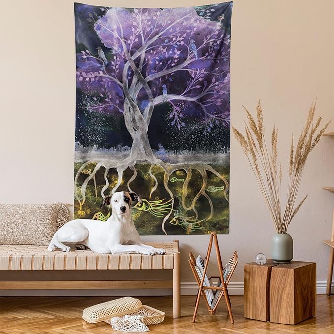 Ambesonne Tree of Life Tapestry Twin Size, Psychedelic Mysterious Nature at Night Birds and Fishes Home Art, Wall Hanging Bedspread Bed Cover Wall Decor, 68" X 88", Purple Black