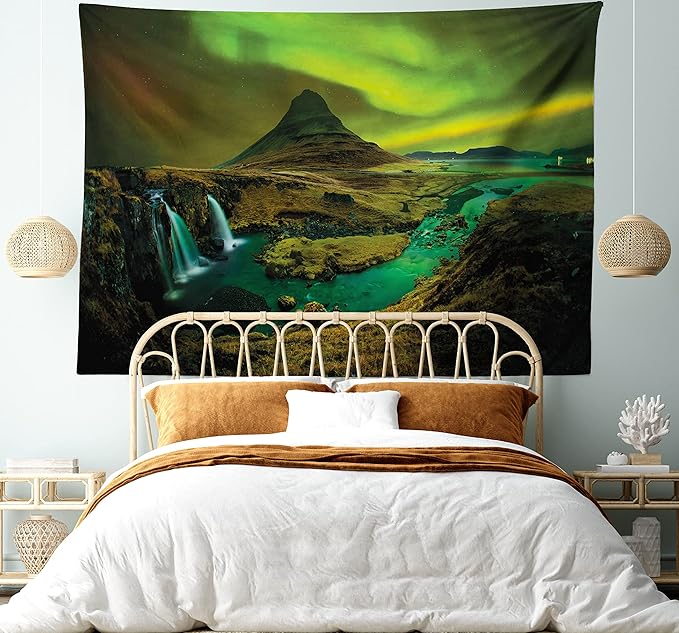 Ambesonne Aurora Borealis Tapestry, Pale Weather over the Hills Waterfall Creek Nature Landscape, Fabric Wall Hanging Decor for Bedroom Living Room Dorm, 45" X 30", Olive Green