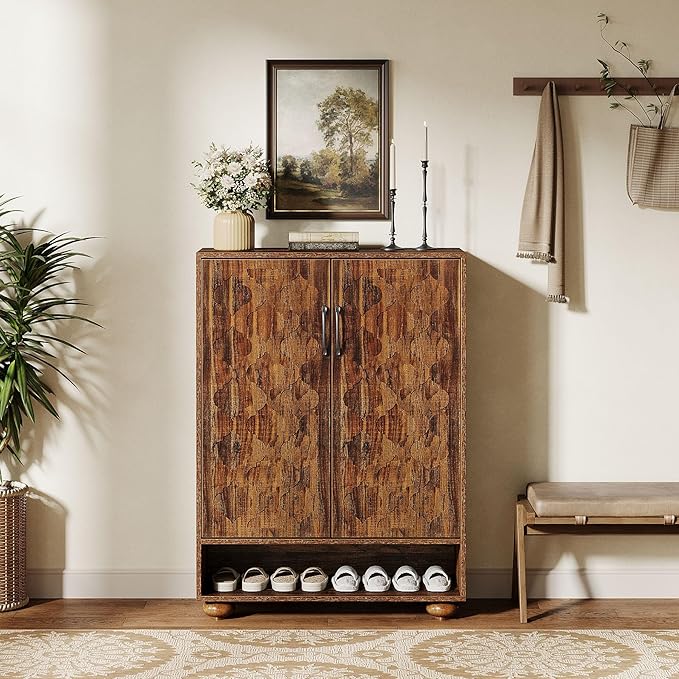 Tribesigns Shoe Cabinet with Doors, 6-Tier Shoe Rack with Solid Wood Feet and Adjustable Shelves, 43.3" Tall Storage Cabinet for Entryway, Hallway, Bedroom (Walnut)