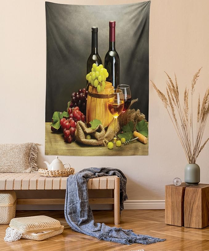 Ambesonne Winery Tapestry, Cask Bottles and Glasses of Wine and Ripe Grapes on Wooden Table Picture Print, Fabric Wall Hanging Decor for Bedroom Living Room Dorm, 23" X 28", Grey Taupe