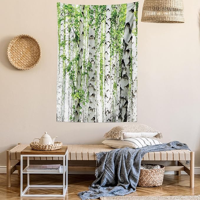 Ambesonne Woodland Tapestry Queen Size, Birch Trees in The Forest Summertime Wildlife Nature Outdoors Themed Picture, Wall Hanging Bedspread Bed Cover Wall Decor, Queen Size, White Green