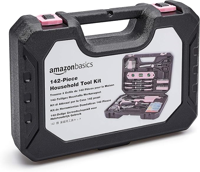 Amazon Basics 142-Piece Household Tool Kit for Home Repair,Hand Tools with Storage Case,13.39 x 9.25 x 2.95 inch,Pink,(Pack of 4)
