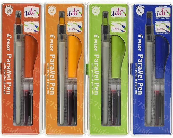 PILOT Parallel Calligraphy Pen Set, 1.5 mm, 2.4 mm, 3.8 mm and 6 mm with Bonus Ink Cartridge (P9005SET)