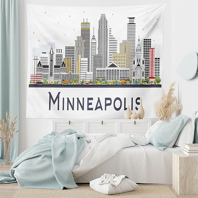 Ambesonne Minnesota Tapestry King Size, Elevation of a Street in Minneapolis Image with High Detailed Facades, Wall Hanging Bedspread Bed Cover Wall Decor, 104" X 88", White Grey