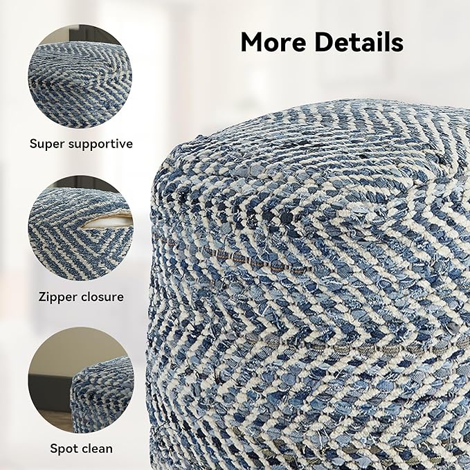 Signature Design by Ashley Chevron Handmade Woven Pouf 18 x 18, Blue and White