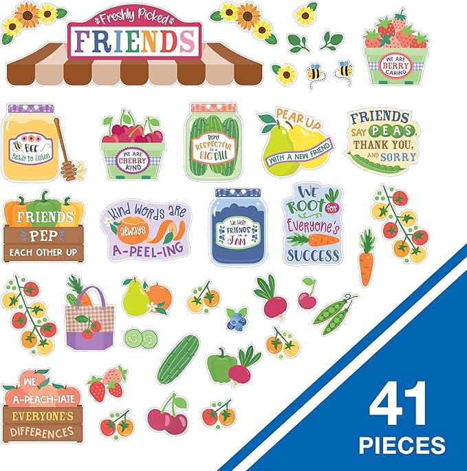 Carson Dellosa Freshly Picked Friends 41pc Bundle Bulletin Board Set, Colorful Cardstock Banner, Fruit Name Labels, Farmers Market Theme Decorations for Homeschool and Classroom Decor